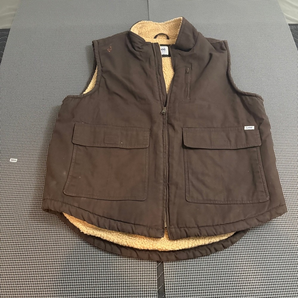 Lee Workwear Mens Brown Sherpa Lined Canvas Utility Vest‎ Large Full Zip